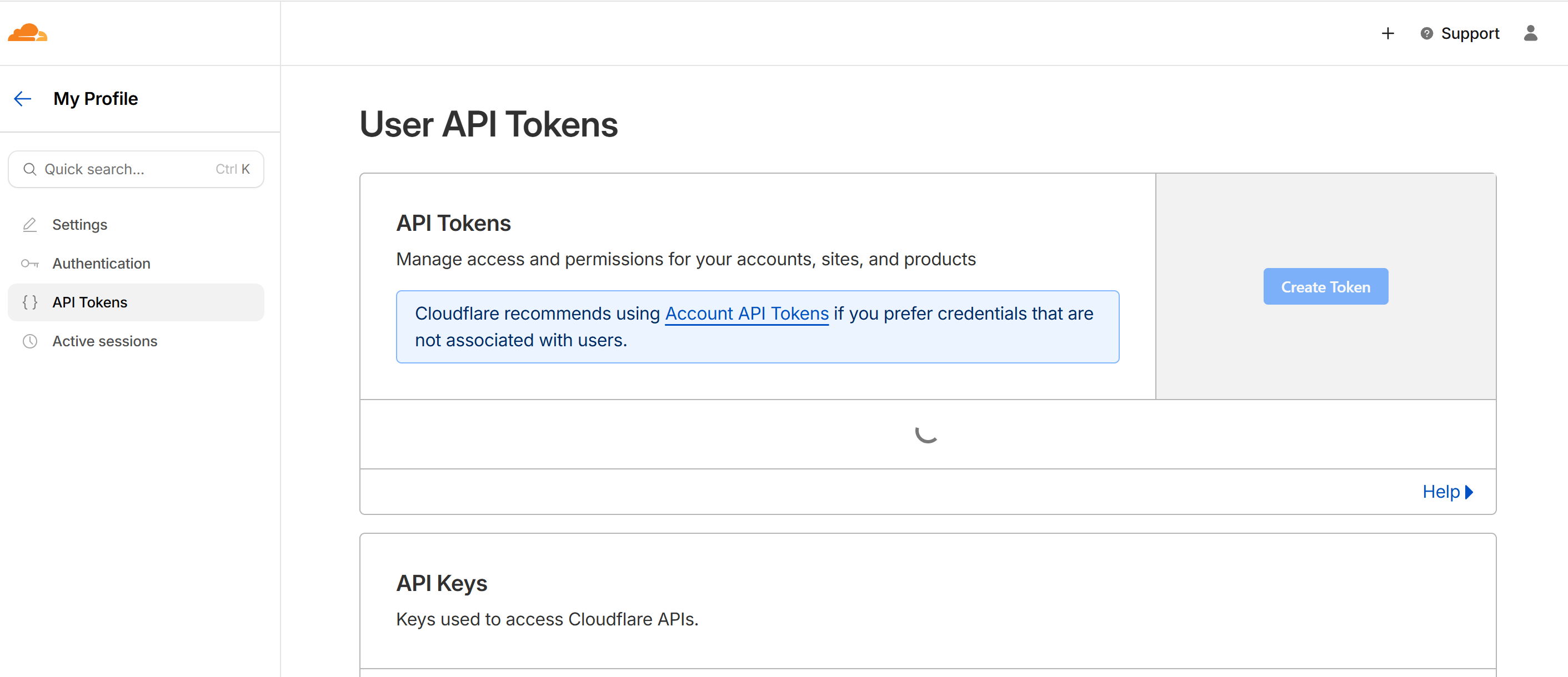 Cloudflare用户API Tokens管理界面截图,显示现有的API令牌列表