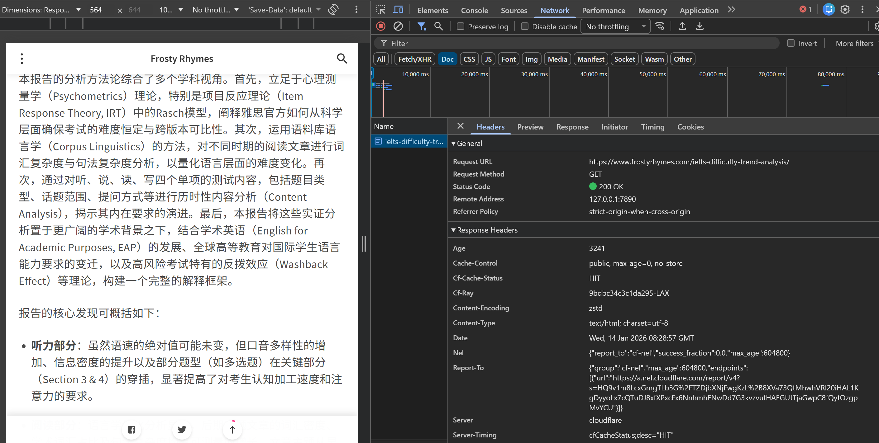 Chrome DevTools网络面板响应头截图,显示cf-cache-status为HIT表示缓存命中