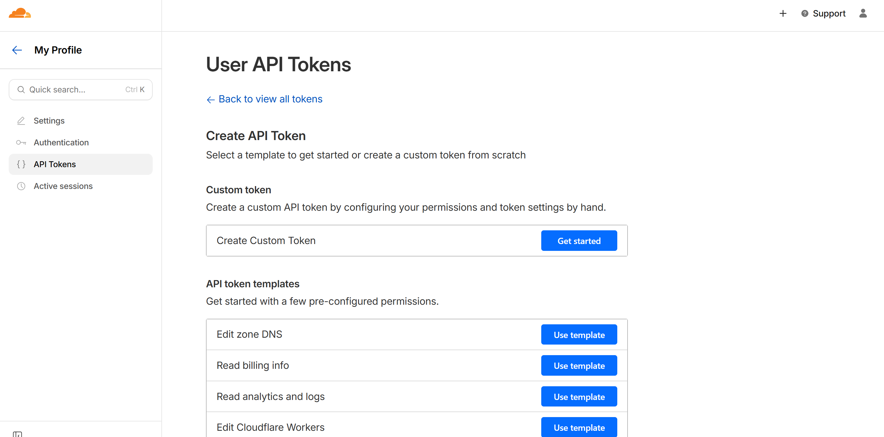 Cloudflare创建API Token按钮位置截图