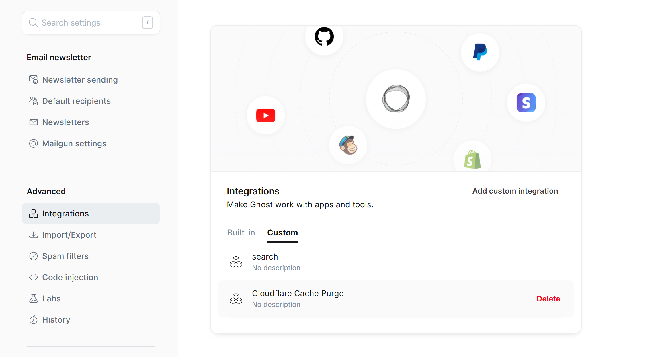 Ghost CMS后台添加自定义Integration弹窗界面截图