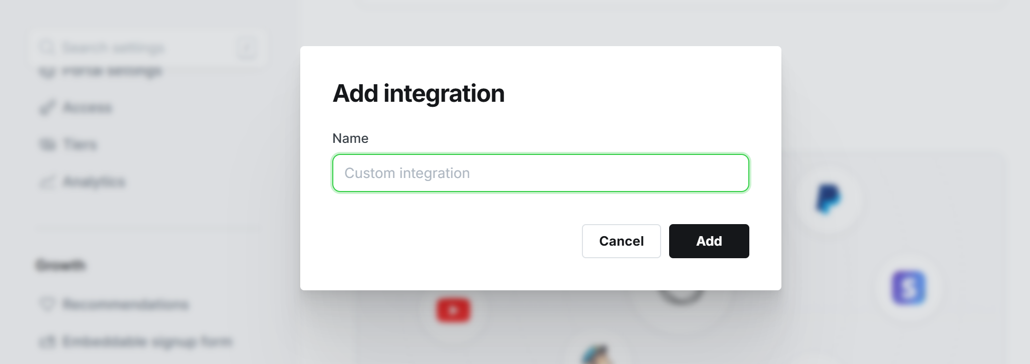 Ghost Webhook配置界面,输入Integration 名称