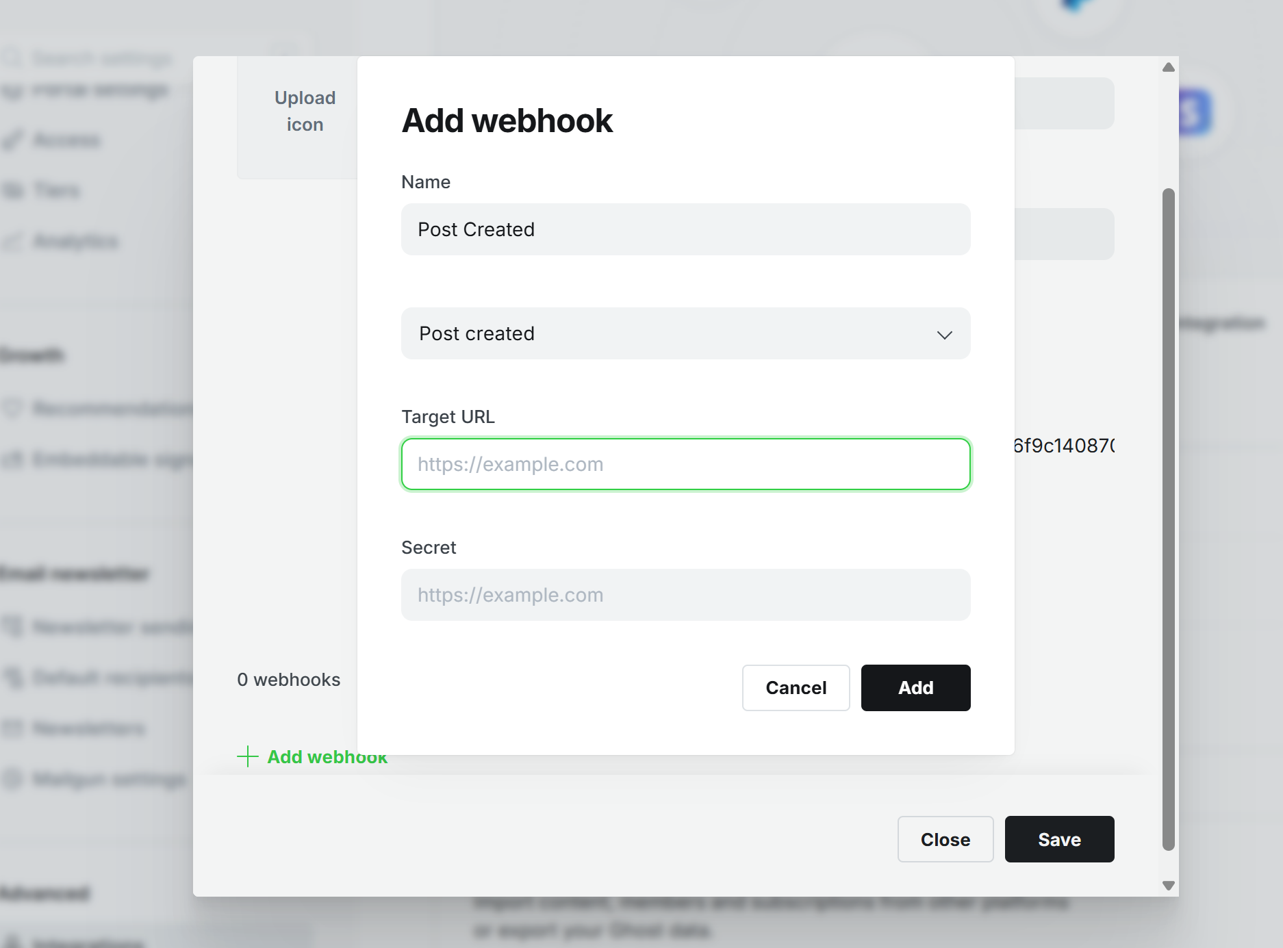 Ghost Webhook事件选择界面,勾选Post published等触发事件