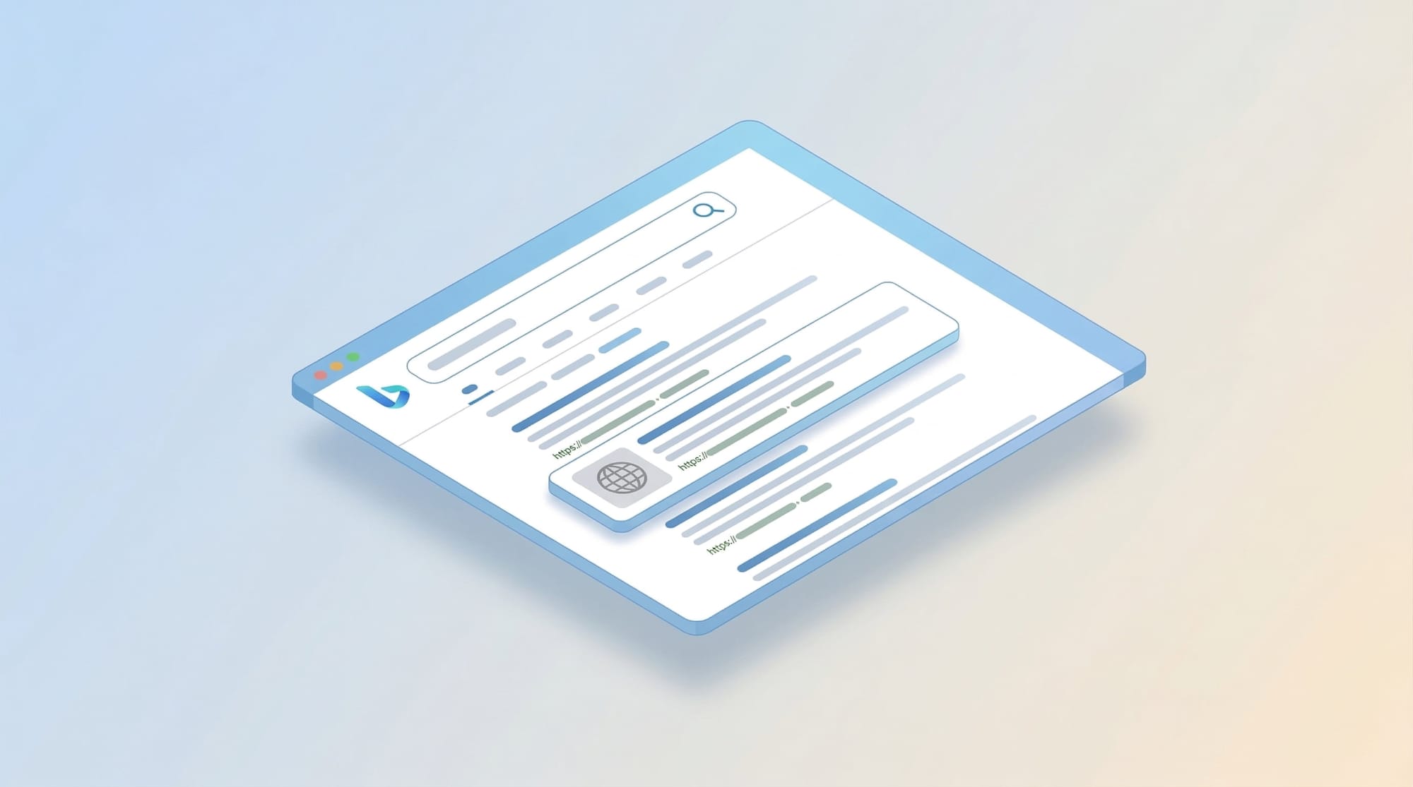 Bing 搜索结果界面的 3D 插图，特写高亮了网页 Favicon 网站图标丢失并被替换为默认地球图标的错误状态
