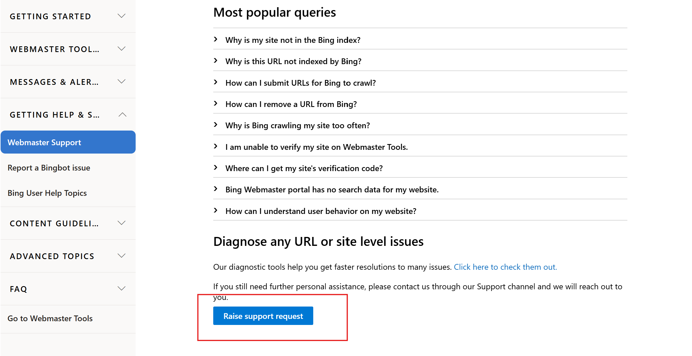 必应站长工具(Bing Webmaster Tools)底部的Raise support request工单提交按钮