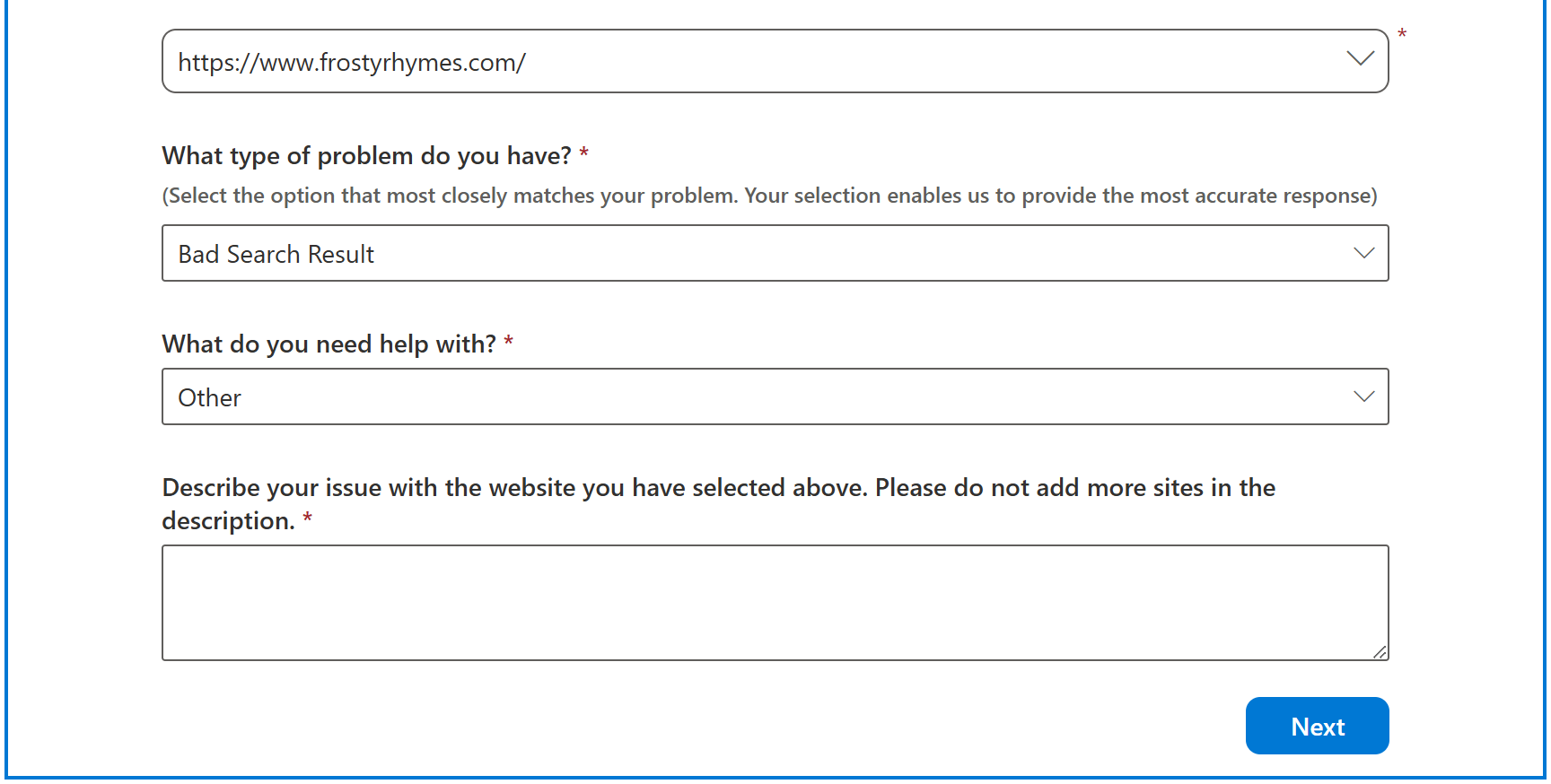 填写Bing客服工单:选择Bad Search Result来申诉Favicon图标不显示问题