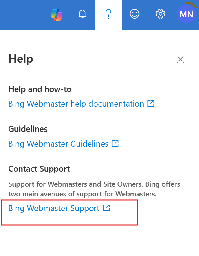 必应站长支持(Bing Webmaster Support)右侧帮助与联系客服菜单入口